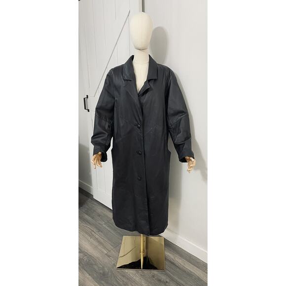 Vintage ROAMAN'S Women's Size L Black 100% Leather Trench Coat Long Jacket Lined - Picture 1 of 11